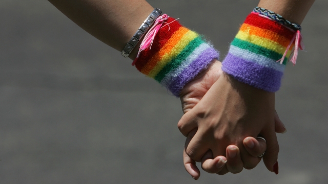 A lesbian couple hold hands during a gay Pride rally.