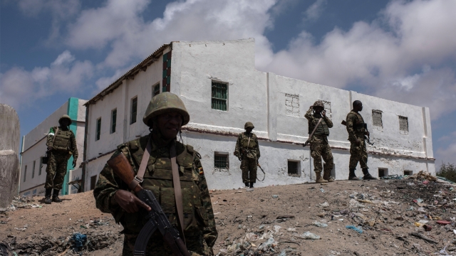 Soldiers in a former Al-Shabab stronghold in Somalia.
