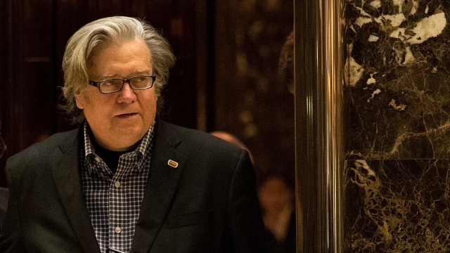 Steve Bannon exits an elevator in the lobby of Trump Tower.