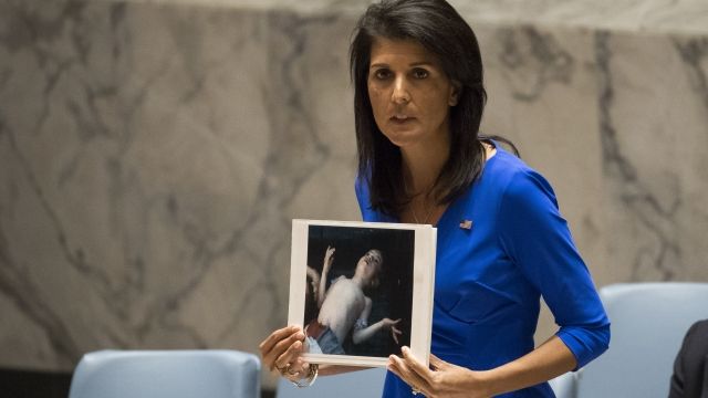 UN Ambassador Nikki Haley shows images of chemical attack in Syria