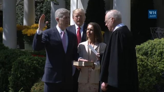 Neil Gorsuch takes the oath the join the Supreme Court.