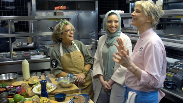 Susan Feniger, Noor Tagouri and Mary Sue Milliken in the kitchen