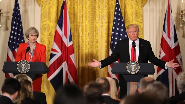 British Prime Minister Theresa May and President Donald Trump at a press conference.