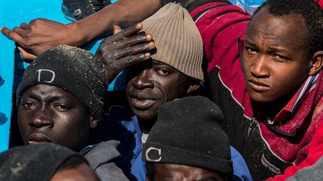 Migrants aboard ship in Mediterranean Sea