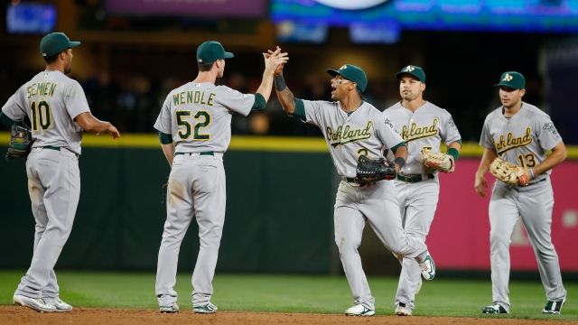 The A's celebrate after a win