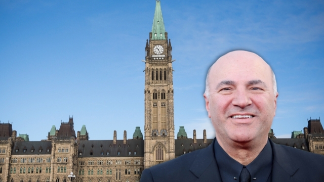 Kevin O'Leary in front of a photo of Canada's Parliament building.