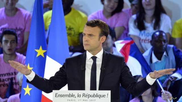 Emmanuel Macron speaks at a campaign event.