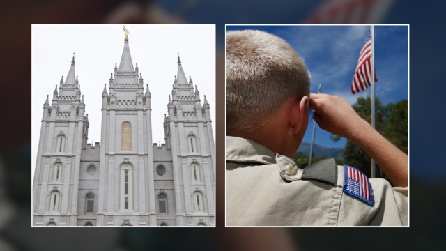 A Mormon church and a boy scout saluting the American flag.