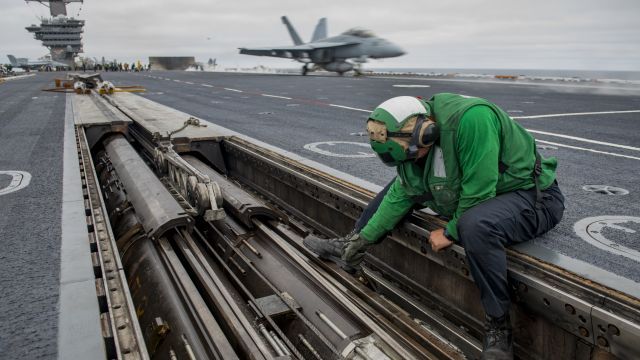 An aircraft catapult on the USS Carl Vinson
