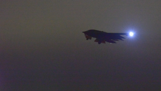 A U.S. bomber plane takes off.