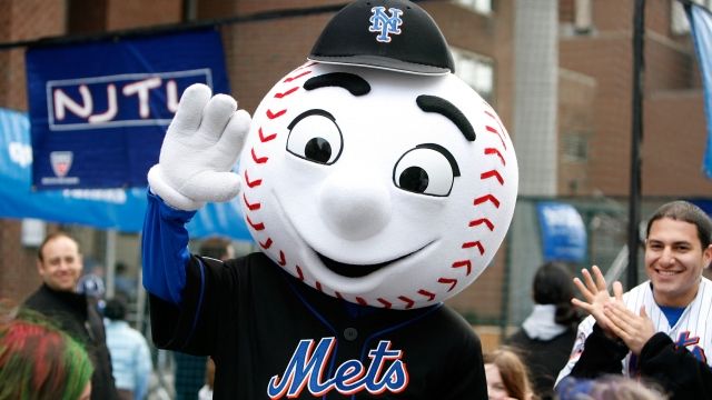 New York Mets mascot Mr. Met appears with fans.