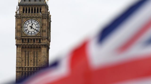The U.K. flag in front of Big Ben