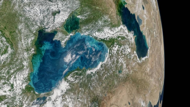 A satellite image of turquoise swirls in the Black Sea.