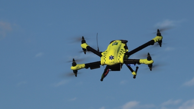 An AED drone flies