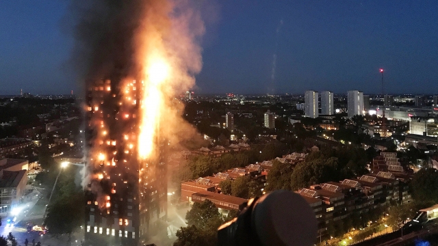 A huge fire engulfs the 24-story Grenfell Tower in Latimer Road, West London.