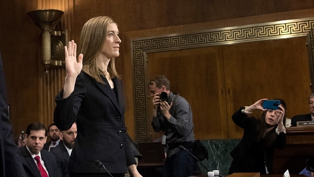 Associate Attorney General Rachel Brand is sworn in prior to testimony.
