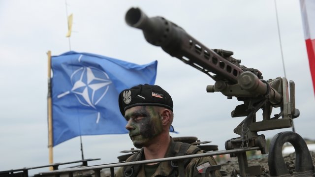 A soldier in the Polish Army in front of a NATO flag.