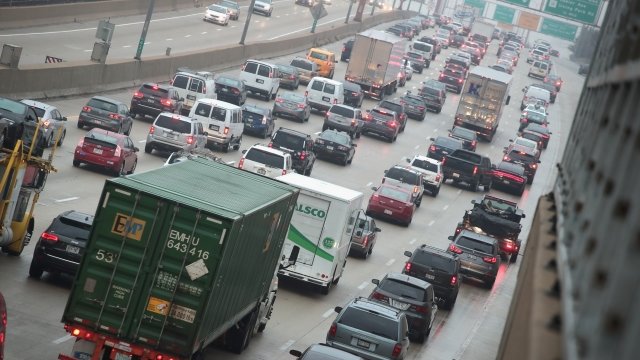 Drivers sit in traffic on a highway in Chicago