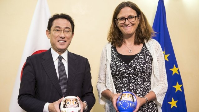 Japanese Minister for Foreign Affairs Fumio Kishida and European Council official Cecillia Malmström