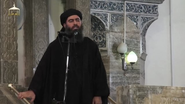 ISIS leader Abu Bakr al-Baghdadi speaks at Mosul's Great Mosque of al-Nuri in 2014.