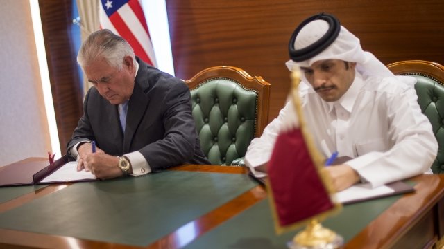 Secretary of State Rex Tillerson with Qatari Foreign Minister Mohammed bin Abdulrahman al-Thani