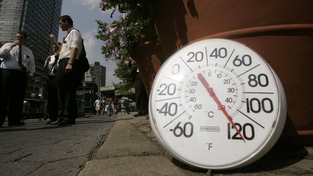 A thermometer on the street in the middle of a heat wave