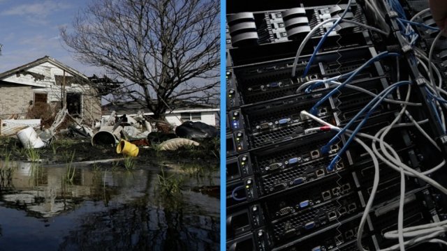 Damage from Hurricane Katrina (left) a server (right)