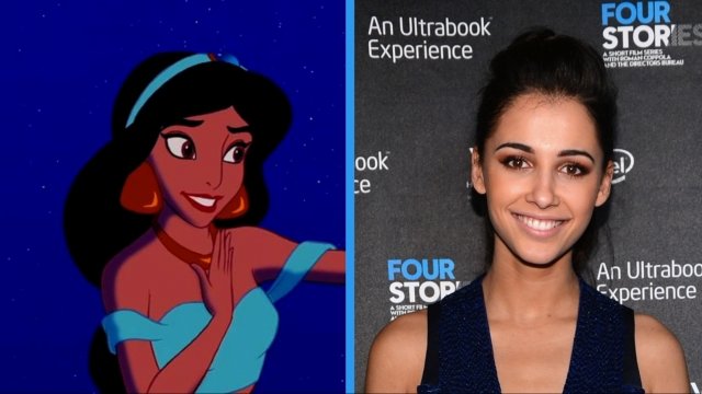 Side-by-side images of the animated Jasmine and Naomi Scott, who will play the princess in the live-action version.