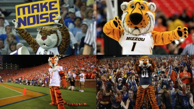 The mascots of Louisiana State, Missouri, Auburn and Clemson (clockwise from top left)