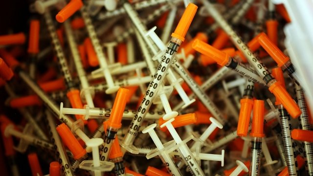 Used syringes are discarded at a needle exchange clinic.