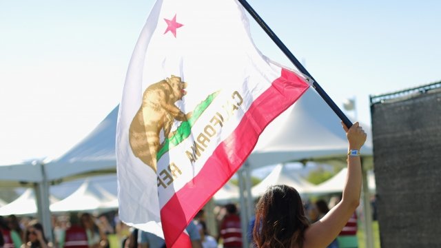 A woman waves the California state flag.