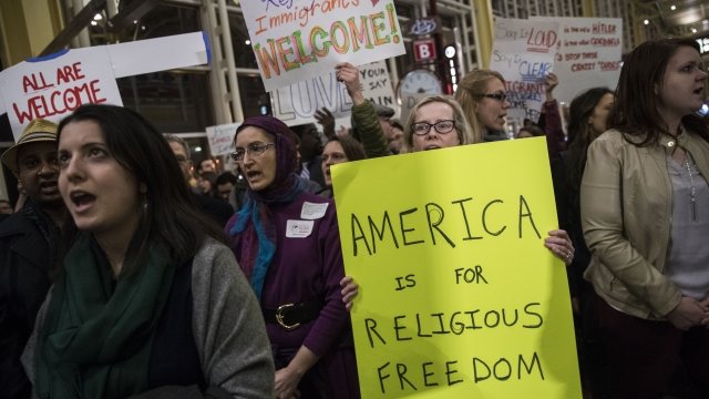People protest the Trump administration's initial travel ban