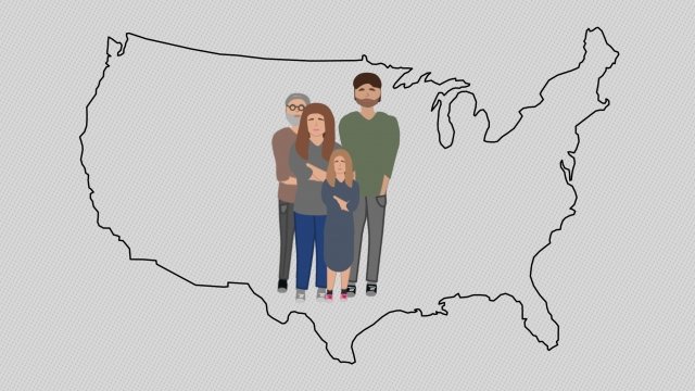 A graphic of an immigrant family with an outline of the U.S.