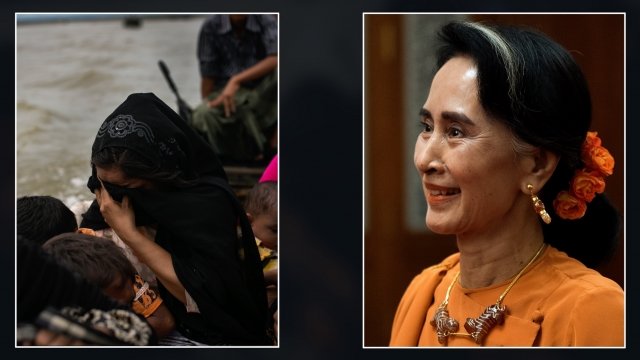 Rohingya refugee (left); Myanmar State Counselor Aung San Suu Kyi