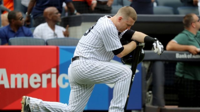 Yankees third baseman Todd Frazier reacts to hitting a ball that injured a young fan.