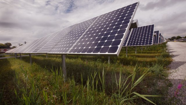 Solar panels generate electricity at U.S. facility.