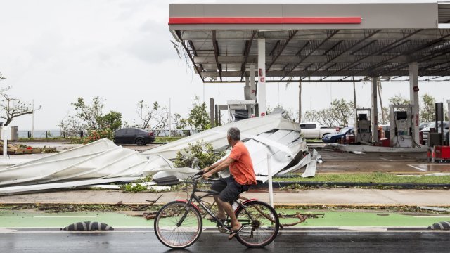 A man looks at storm damage from Hurricane Maria