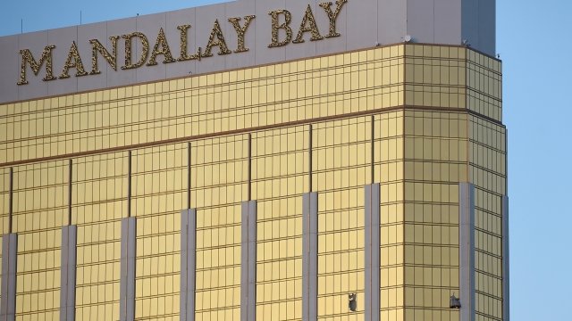 Broken windows are seen on the 32nd floor of the Mandalay Bay Resort and Casino after a lone gunman opened fire in Las Vegas.