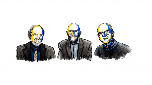 Illustration of Rainer Weiss, Kip S. Thorne and Barry C. Barish
