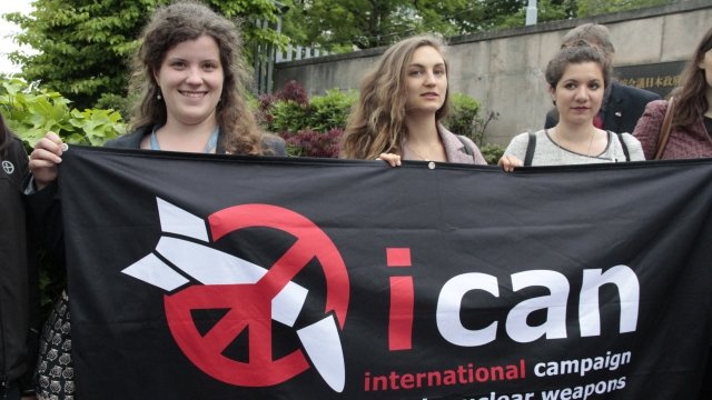 ICAN campaigners protest outside the permanent mission of Japan to the United Nations at Geneva.