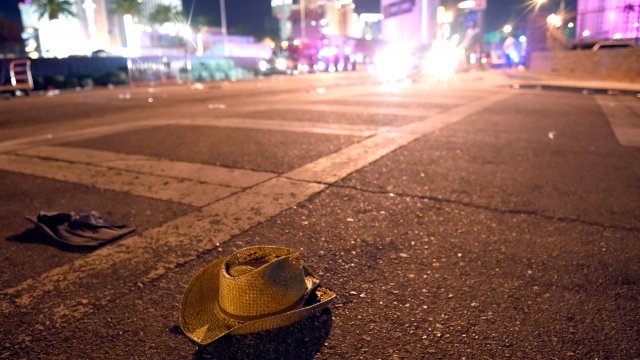 A cowboy hat lies in the street after shots were fired near a country music festival on October 1, 2017 in Las Vegas.
