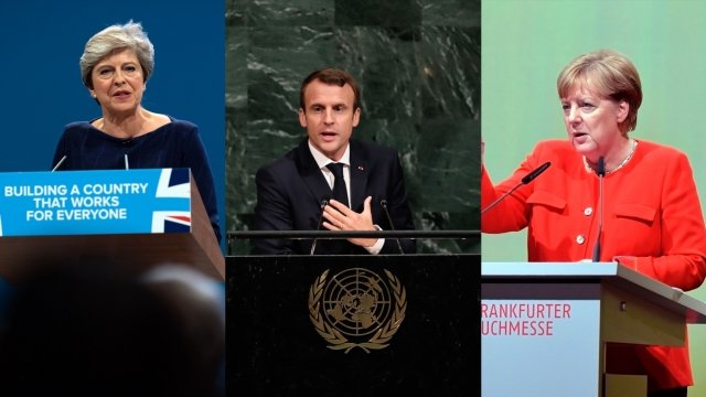 Theresa May (left), Emmanuel Macron (middle), Angela Merkel