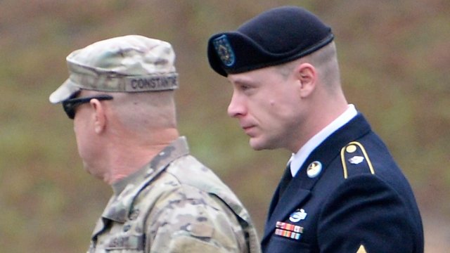 U.S. Army Sgt. Robert Bowdrie 'Bowe Bergdahl' (R), 31 of Hailey, Idaho, is escorted into the Ft. Bragg military courthouse.