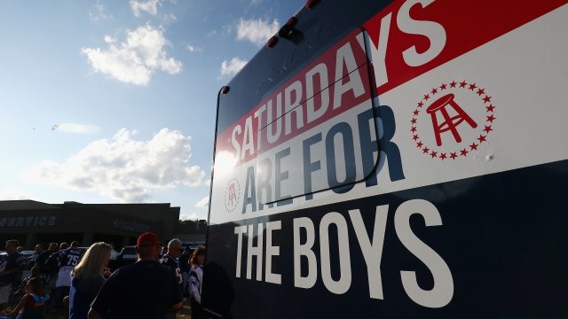Barstool Sports' "Saturdays Are For the Boys" slogan printed on an RV