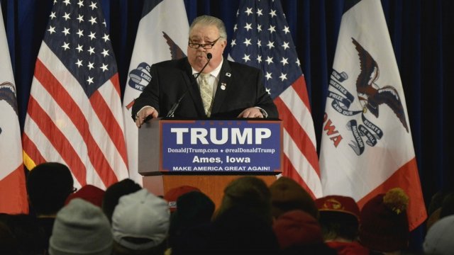 Sam Clovis of the Trump campaign speaks at a rally with Republican presidential candidate Donald Trump.