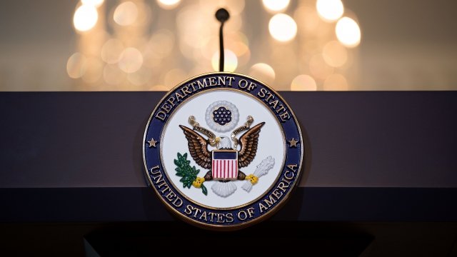A view of the State Department seal on the podium before the Romanian president and U.S. secretary of state meet.