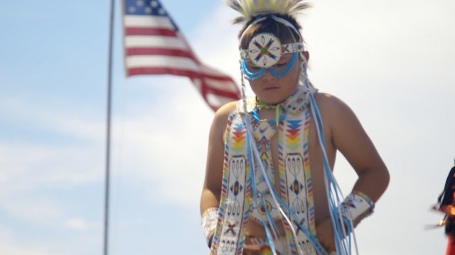 Ted Eagle Jr. dances at a July 4 powwow on the Cheyenne River Reservation