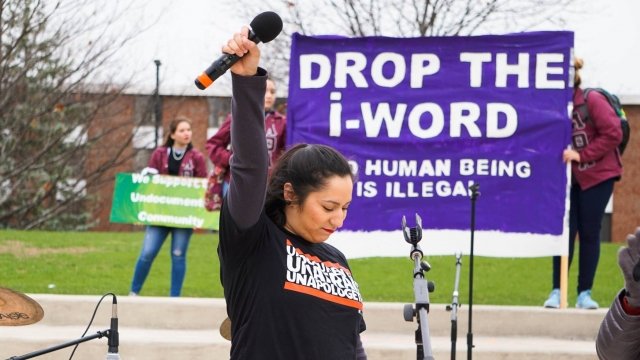 DACA recipient and activist Maria Torres speaks at a pro-immigration rally.