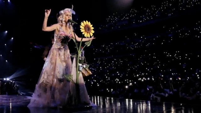 Katy Perry performs with giant sunflower.