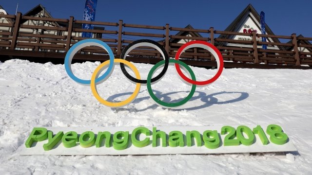 The Olympic rings are seen in Hoenggye town.